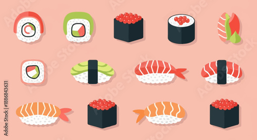Assorted Sushi Rolls and Maki Icons in Various Flavors.