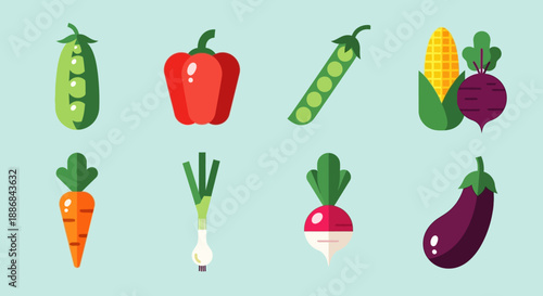 Assorted Vegetables and Fruits in Cartoon Style.
