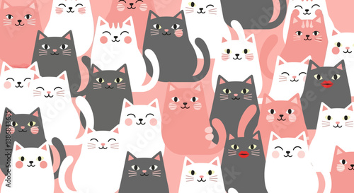 Adorable cartoon cats pattern with various expressions.