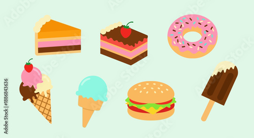 Assorted desserts and fast food illustration set.