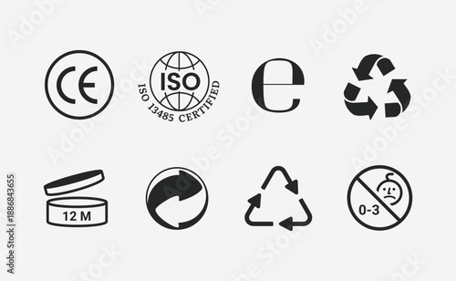 Product symbols, CE icon set. environmental protection. European Conformity certification icon. Product regulation label. EU standard for product. Medical Equipment Certification Icons, ISO Guarantee