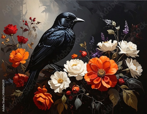 A vibrant digital painting depicts a sleek black bird perched among vividly colored roses and other floral elements