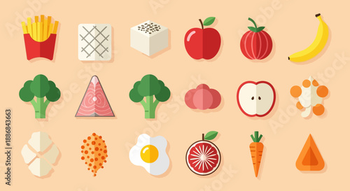 Assorted cartoon food icons on a peach background.