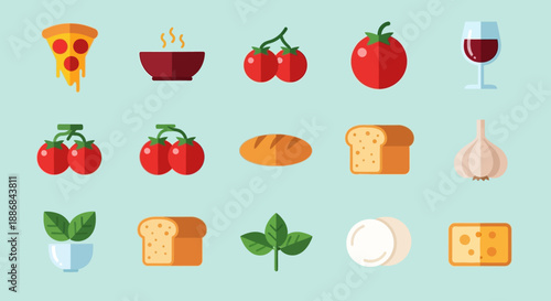 Assorted food and drink icons on a light green background.