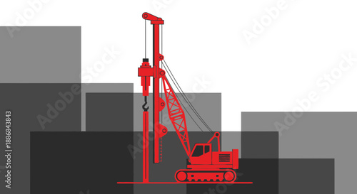 Vibrant Red Industrial Pile Driver Engaging In Deep Foundation Construction