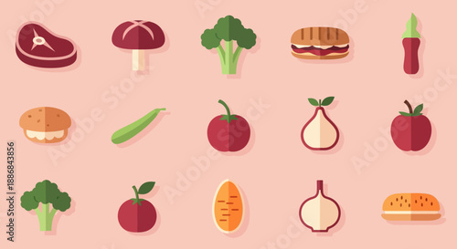 Assorted food icons including fruits and vegetables on a pink background.