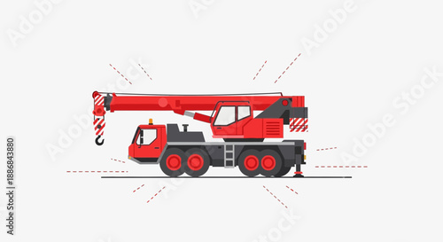 Vibrant Red Mobile Crane Truck Flat Design Illustration For Construction Projects