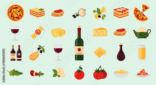 Assorted food and drink icons including pizza, wine, cheese, and tomatoes.