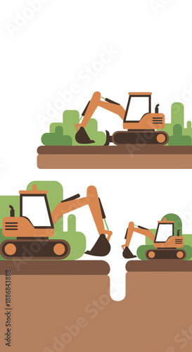 Vector Illustration Of Heavy Machinery Excavators On A Dynamic Construction Site