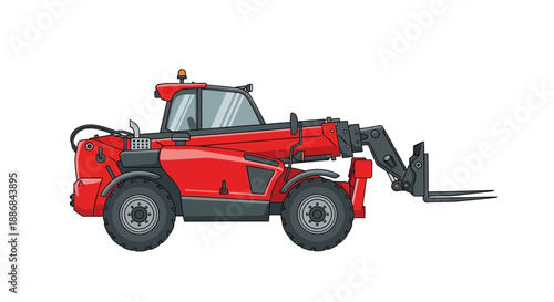 Vibrant Red Telehandler Heavy Lifting Industrial Equipment Vector Illustration Icon Isolated
