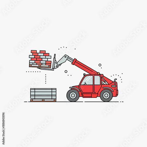 Vibrant Red Telehandler Machine Efficiently Handling Bricks At A Modern Construction Site