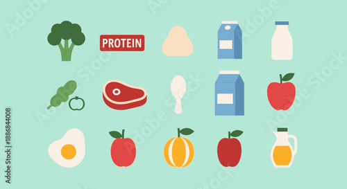 Assorted healthy food items with protein label.