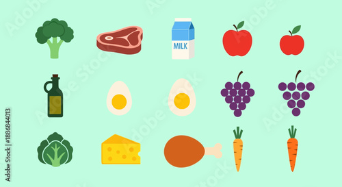 Assorted food icons including fruits, vegetables, dairy, and meat products.