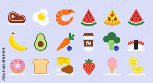 Assorted cartoon food icons on a pastel blue background.