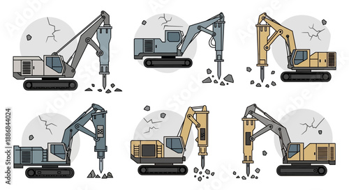 Versatile Excavator Hydraulic Breakers Shattering Concrete For Construction Projects