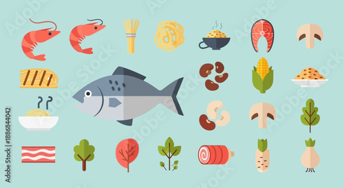 Assorted seafood and ingredients illustration with various food items.