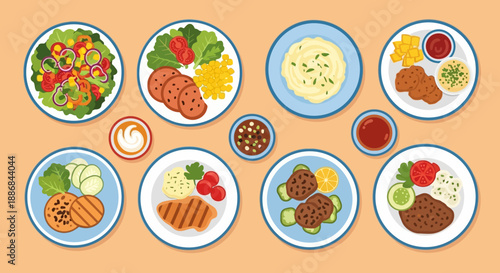 Assorted plates of food with various main courses and sides.