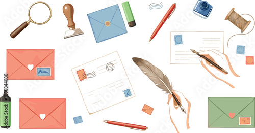 Vintage mail and stationery illustration set with envelopes stamps pens ink and handwriting for correspondence themes