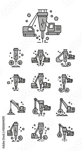 Versatile Hydraulic Hammer And Excavator Icons For Industrial Demolition And Building Projects