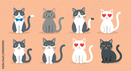 Collection of cartoon cats in various colors and poses on a peach background.