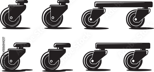 Set of six caster wheel icons in black and white