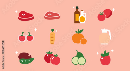 Assorted Fruits and Vegetables with Cooking Essentials.
