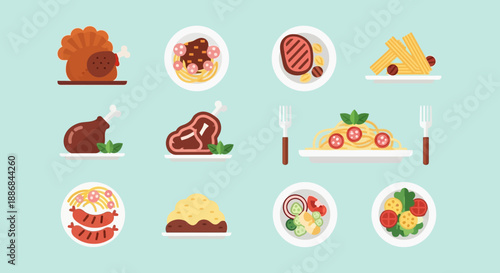 Assorted festive dinner dishes and food icons.