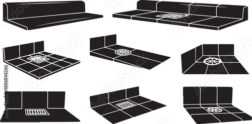 Black and white illustrations of various tennis court designs