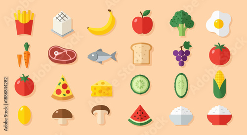Assorted food icons including fruits, vegetables, and dishes.