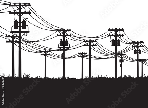 Black and white of utility poles with numerous power lines and insulators in a grassy field also transparent background