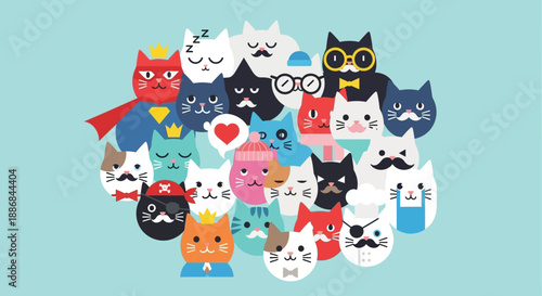 Diverse cartoon cat faces with various expressions and accessories.
