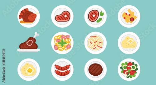 Assorted food icons including meat, vegetables, and desserts on a light blue background.