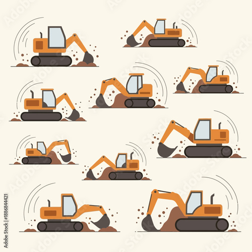 Vibrant Cartoon Excavators Engaged In Dynamic Digging Activities On A Pale Background