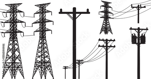 Black and white of various electrical transmission towers and utility poles with power lines also transparent background