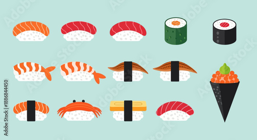 Assorted sushi and sashimi on a light background.