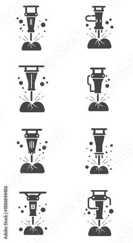Vibrant Collection Of Jackhammer Icons Illustrating Intense Ground Breaking Activities