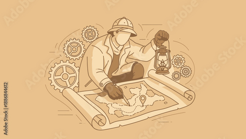 Vintage Explorer Planning Route On An Old Map With Lantern Light