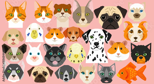 Collection of various cartoon animal faces on pink background.