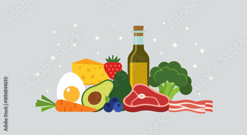 Assorted fresh food ingredients including meat and vegetables.