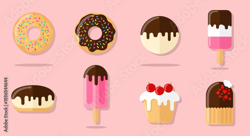 Assorted colorful desserts and sweet treats on pastel background.