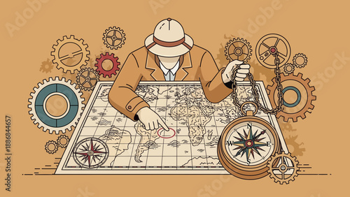 Vintage Explorer Charts Course With Compass And Gears In Steampunk Adventure