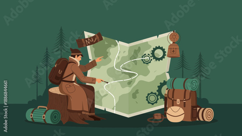 Vintage Explorer Planning the Adventure on an Old Folded Route Map
