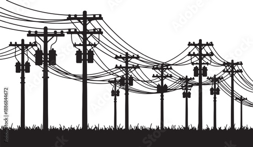 Black and white of utility poles with numerous power lines and transformers in a rural setting also transparent background