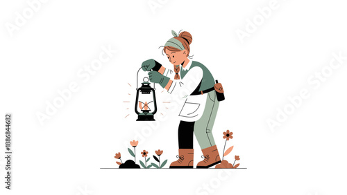 Vintage Gardening Woman Working In Her Flowers Field With A Kerosene Lantern