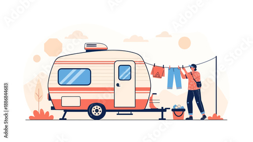Vintage Trailer And Person Hanging Up Laundry On A Clothesline Illustration