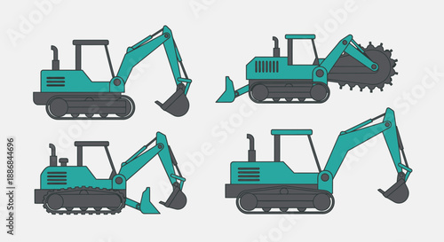 Vibrant Flat Design Heavy Construction Machinery Icon Set With Various Diggers