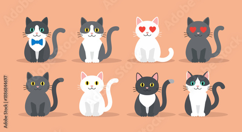 Collection of cartoon cats in various colors and accessories.