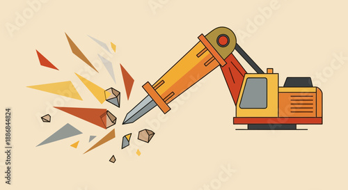 Vibrant Flat Style Hydraulic Breaker Excavator Crushing Rocks On A Construction Site