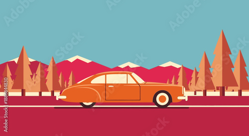 Vintage orange car driving on red road with mountains.