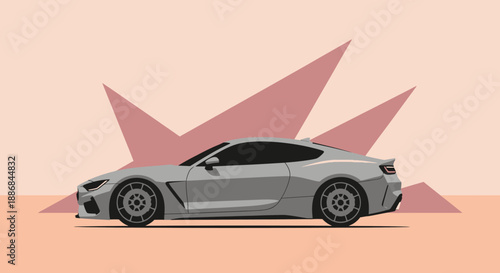 Gray sports car illustration with red starburst background.